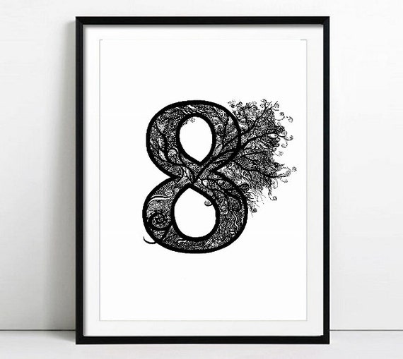 Lucky Number 8 No Eight Pen and Ink Drawing Unique by MappyArt