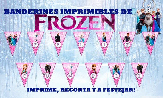 Banderines Imprimibles triangulares rosas de Frozen Feliz