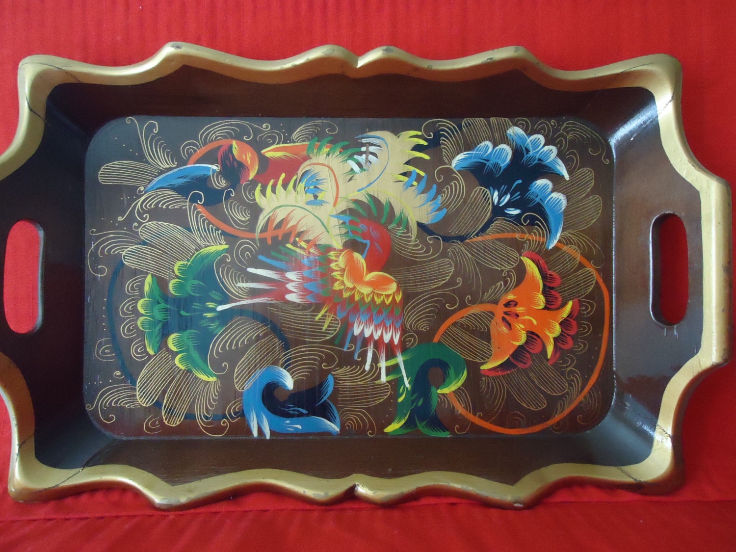 Vintage Hand Painted Brightly Colored Wood Serving Tray with Gold Trim Haute Juice