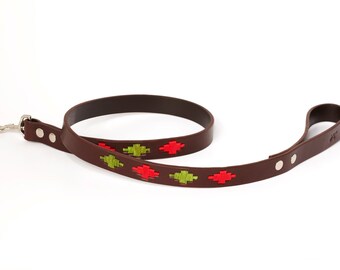 Dog argentinian leather lead - PISTACHIO RED - Embroidered manually - Natural tanning - Kamyno