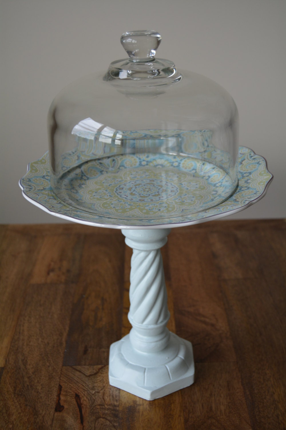 Dessert Pedestal with Glass Dome Cupcake Stand by alongshoresdecor