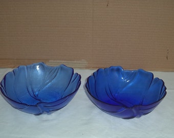 A pair of Cobalt blue bowls. Leaf pattern. Bristol Blue.