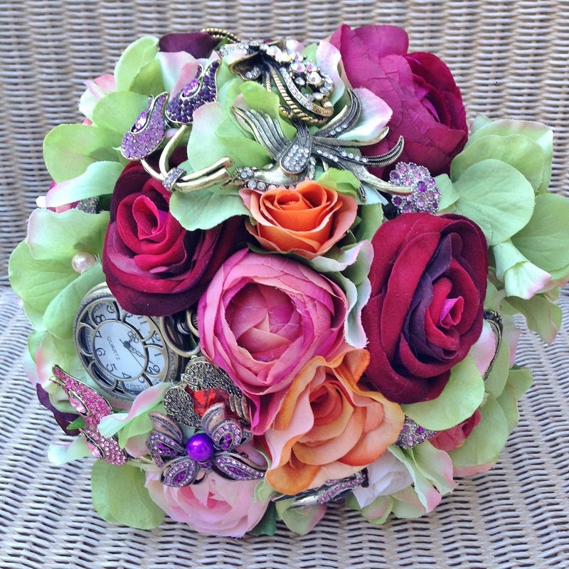FULL PRICE (not a deposit) Green, Orange, Pink, and Burgundy Vintage Steampunk Antique Inspired Jewelled Bridal Brooch Bouquet: Victoria
