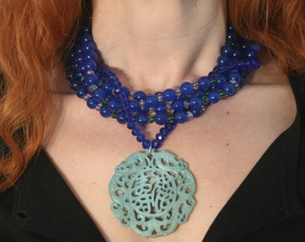 Blue jade, silver and Austrian Crystal Necklace solid 925
