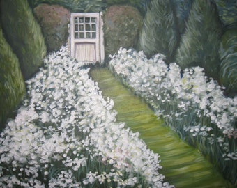 Original landscape painting. acrylic landscape canvas. Garden painting. Impressionistic painting. Cottage style art. Shabby chic art.