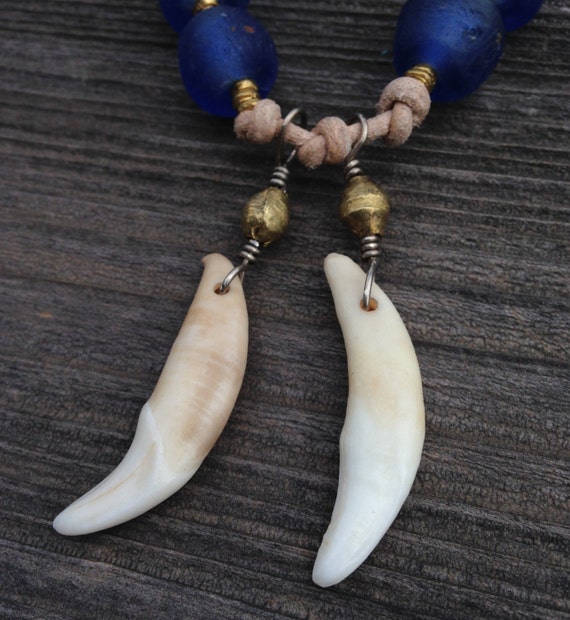 coyote tooth trade bead necklace by dancingbluestone on Etsy