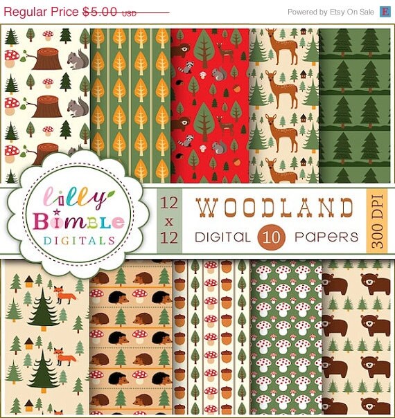 50% off Woodland Digital papers with Forest animals, mushrooms, acorns and pine trees. INSTANT DOWNLOAD Il_570xn