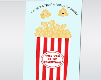 Printable Kawaii Popcorn Valentines Digital File Instant Download Printable Valentines