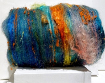 fiber art batt, felting wool spinning fiber "Under the Sea" PHAT FIBER edition, Yellow coral salmon orange lemon turquoise green blue roving