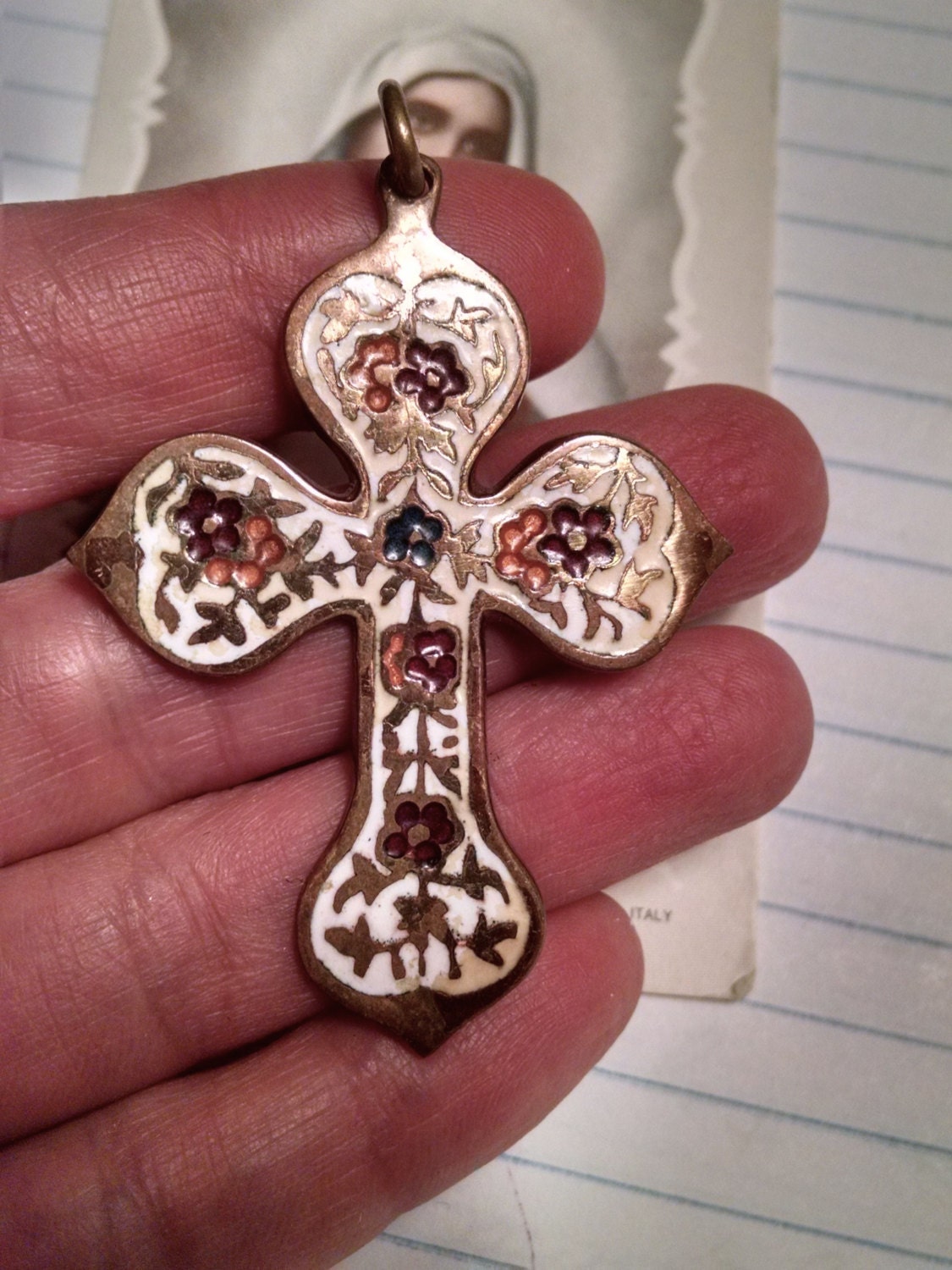 Large Old Enamel Vintage Brass Cross Pendant Floral Antique