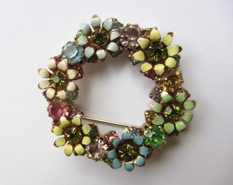 Weiss Multicolored Rhinestone And Metal Brooch With Enameled Flowers