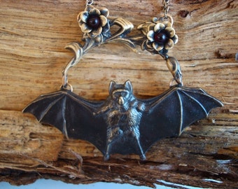 Vampire Bat Necklace, Just Hanging Around, Gothic Decadent Dark Bat, 3D Floral Branch with Ruby Red Glass Settings, Handmade, USA, Custom