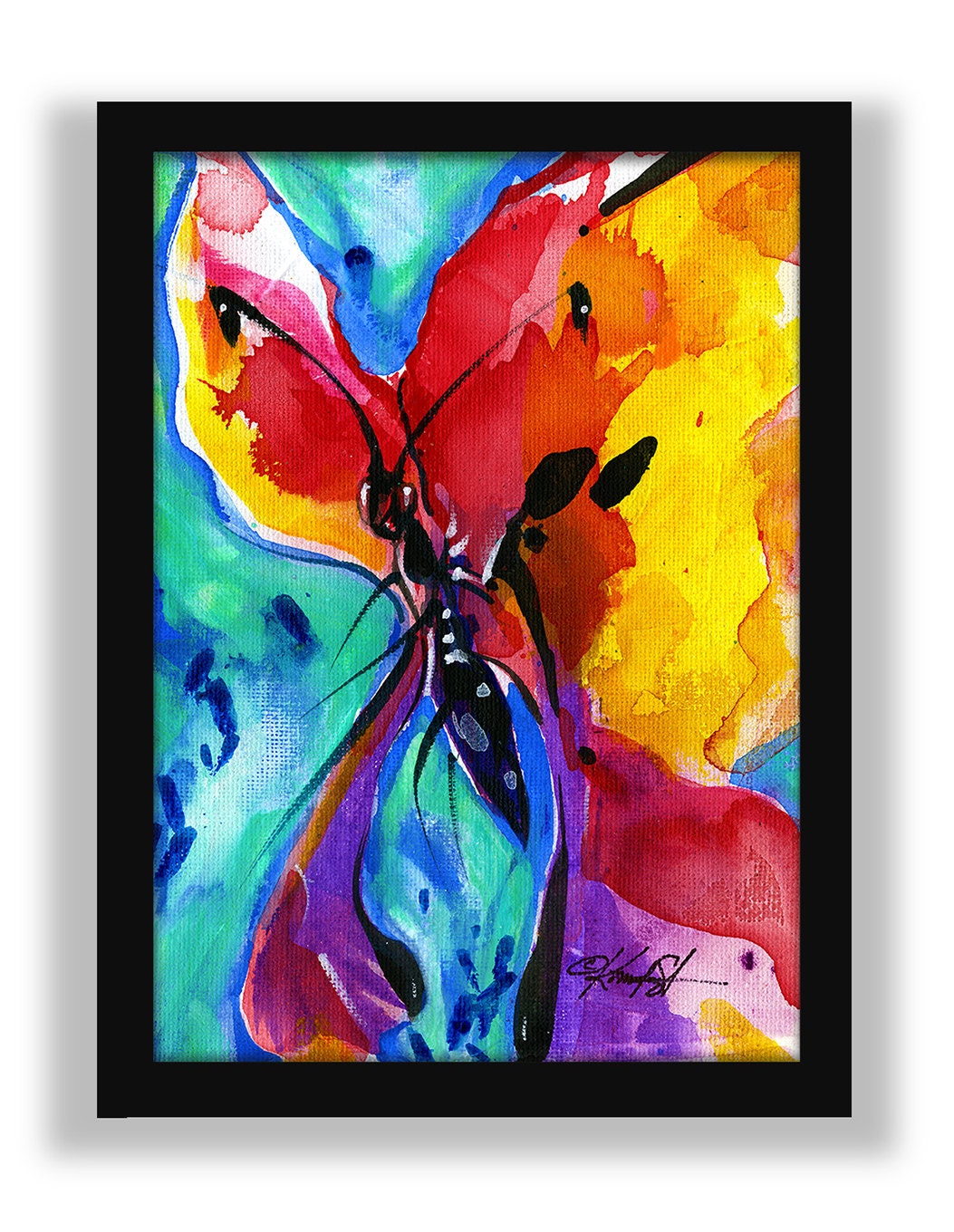 Abstract Butterfly Painting Framed Canvas Red Yellow Art