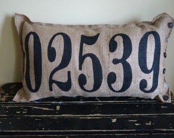 Burlap qunicy Pillow - put your custom zip code here