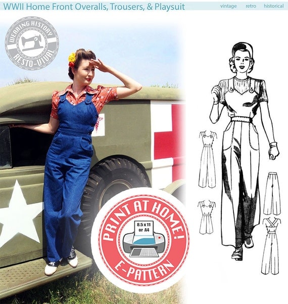 1940s Overalls & Coveralls | Rosie the Riveter 1940s Overalls Playsuit & Trousers- Sewing Pattern $12.00 AT vintagedancer.com