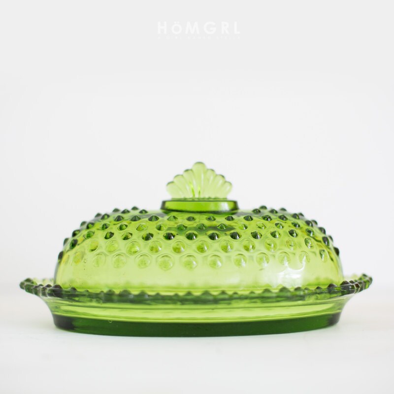 Vintage Emerald Green Glass Butter Dish and Cover by stellagirl
