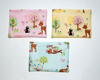 Hoo's In The Forest - SET of 3 Eco Friendly Reusable Snack Bags (Pink, Blue and Yellow)