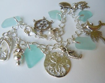 Sea Glass Bracelet, Aqua Sea Beach Glass Jewelry Seaglass Charm Bracelet