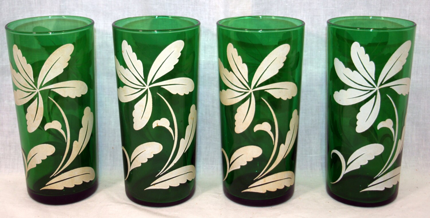 Set of 4 Anchor Hocking Forest Green Tumblers with White
