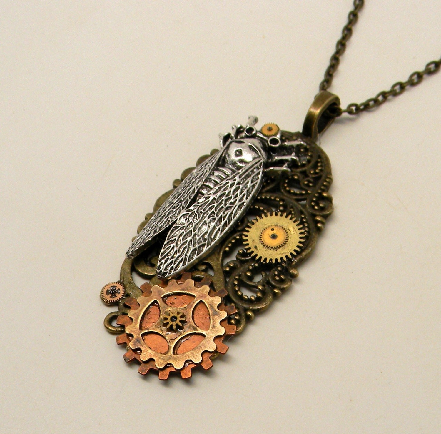 Steampunk jewelry cicada necklace pendant.