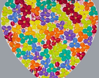 Mother's Day Gift Colorful love Heart painting on wood Heavy Texture Impasto acrylic rainbow flowers art "Heartfelt Flowers" by QIQIGallery
