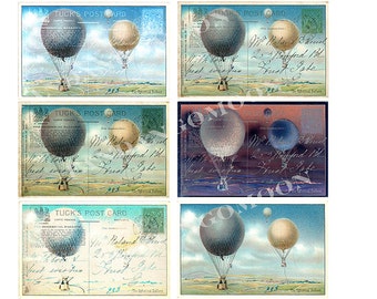 6 Images Hot Air Balloons Altered Art Antique Victorian Scrapbooking Digital Download Tags Cards Print
