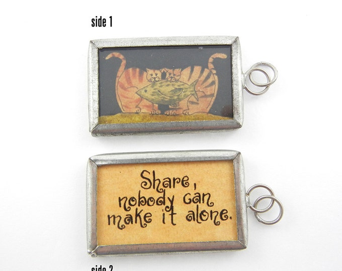 One Two-sided Pendant with Cats with Fish Illustration and Message