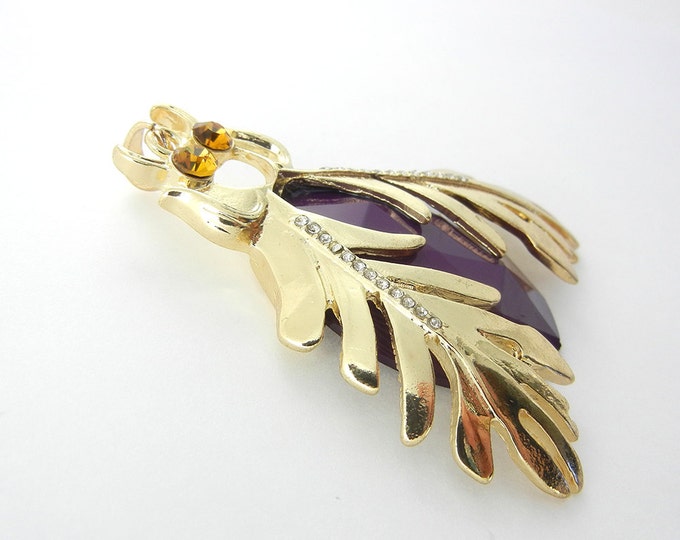 Large Gold-tone Beetle Pendant with Purple Acrylic Faceted Body Light Topaz Eyes