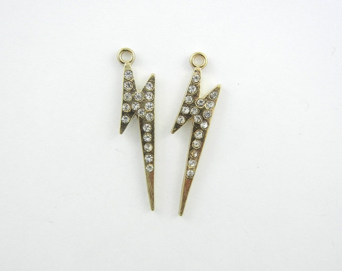 Pair of Small Gold-tone Lightning Bolt Charms with Rhinestones