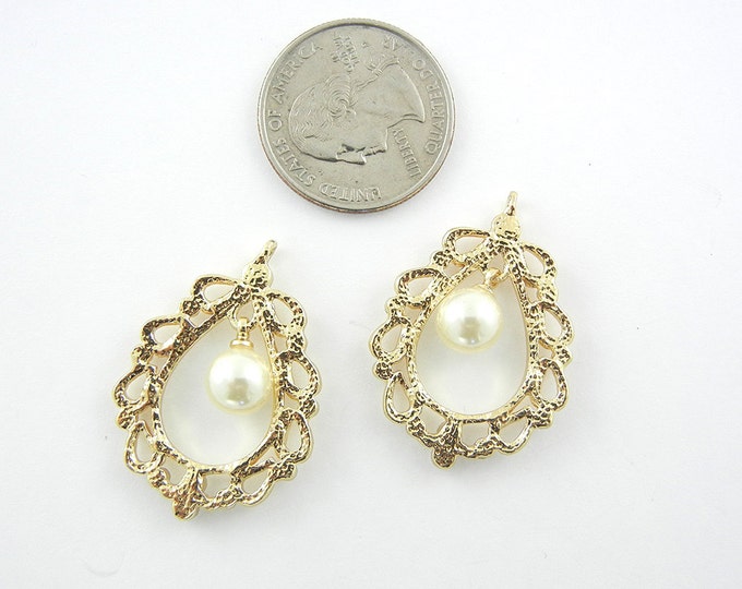 Pair of Gold-tone Filigree Faux Pearl Drop Charms Rhinestone Accents