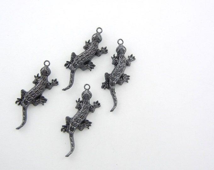 4 Hematite Dark Silver-tone Lizard Charm Pendants Textured