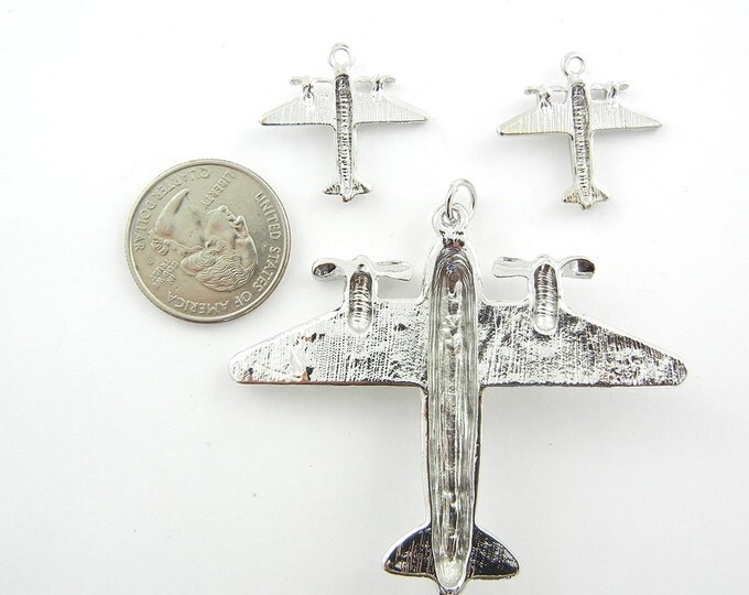 Set of Airplane Pendant and Matching Charms Silver-tone