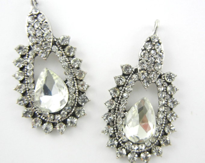 Pair of Rhinestone Drop Charms Antique Silver-tone