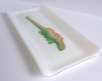 White Fused Glass Platter or Plate with Green and Orange Decor by BPRDesigns
