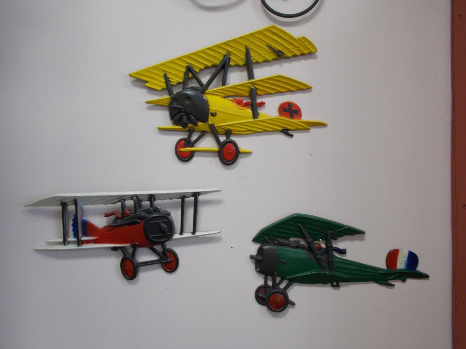 3 Vintage Homco Cast Metal Ww1 Airplane Biplane Wall Plaques