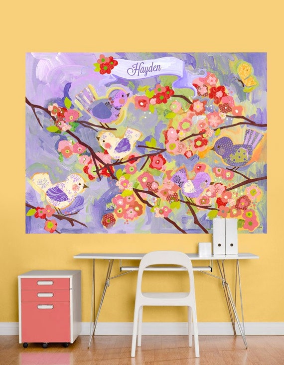 lavender and coral cherry blossom decal mural