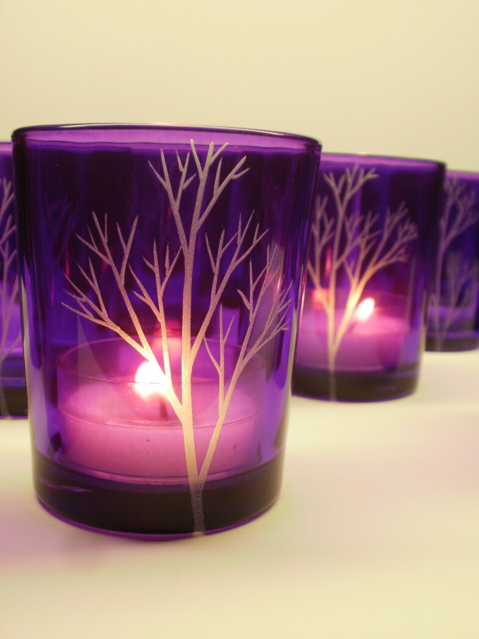 48 Purple Candle Holders Hand Engraved Glass by daydreemdesigns