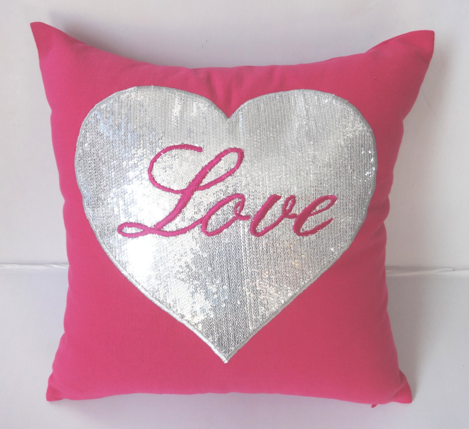 Love pillow Hot Pink pillow with Silver sequin heart