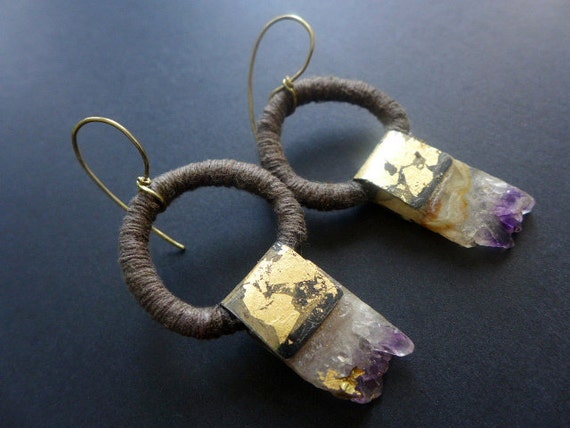 He'll Make You Shine. Amethyst slab and cotton cord with gold leafed tin earrings.