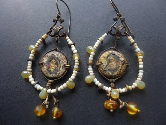 Ya’aburnee. Rustic assemblage earrings, Virgin Mary, cream and amber.