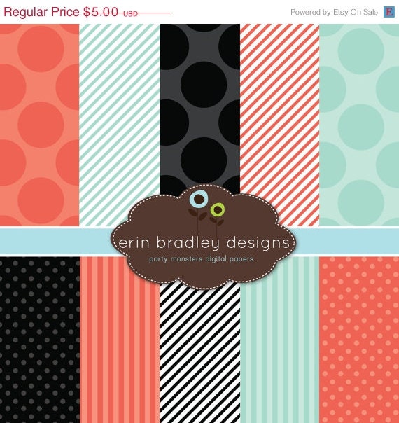 50% OFF SALE Digital Paper Pack Personal and Commercial Use Orange Blue and Black Polka Dots and Stripes Il_570xn