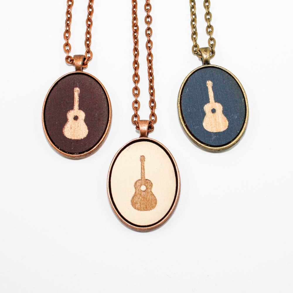 Acoustic Guitar Pendant Necklace Laser Engraved Wooden Cameo
