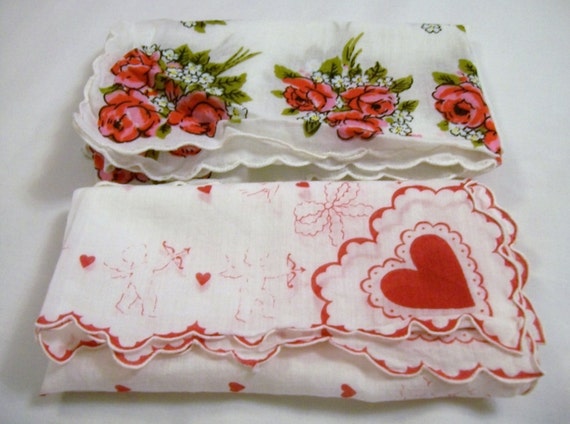 Vintage Handkerchief,  Hankies, Floral Handkerchief, Set of Hankies, Mothers Day, Colorful Hankies, Red and White