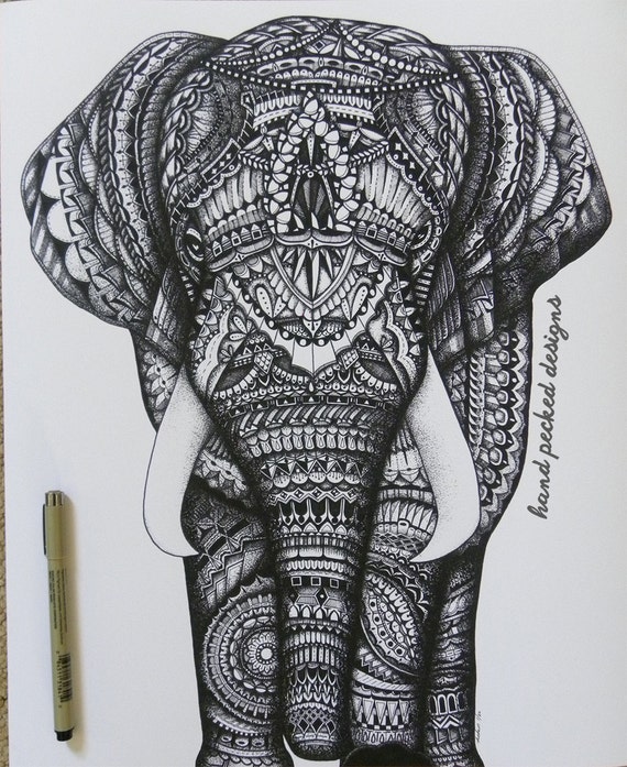 Items similar to Detailed Asian Elephant Pen and Ink Drawing on Etsy
