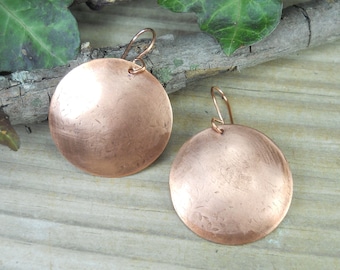 copper earrings, copperjewelry, copper dangles, full moon dangles, celestial jewelry, handmadejewelry, hypoallergicjewelry,nickel free