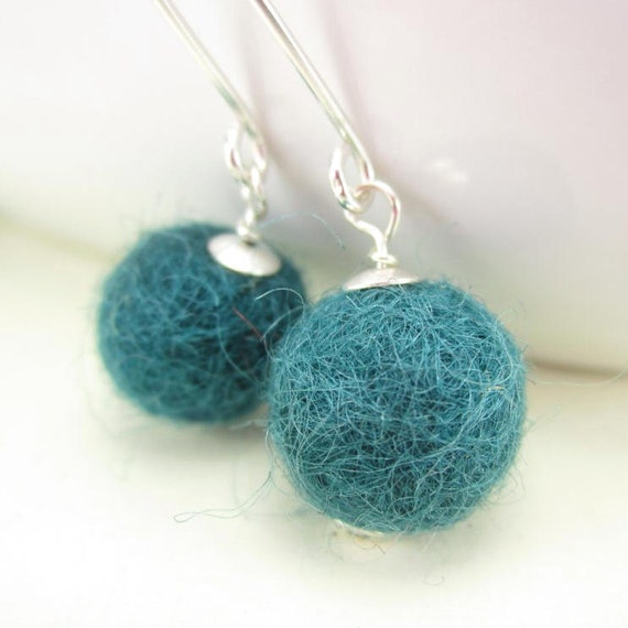 Items similar to Teal Wool Ball Earrings with Sterling Silver, Felted