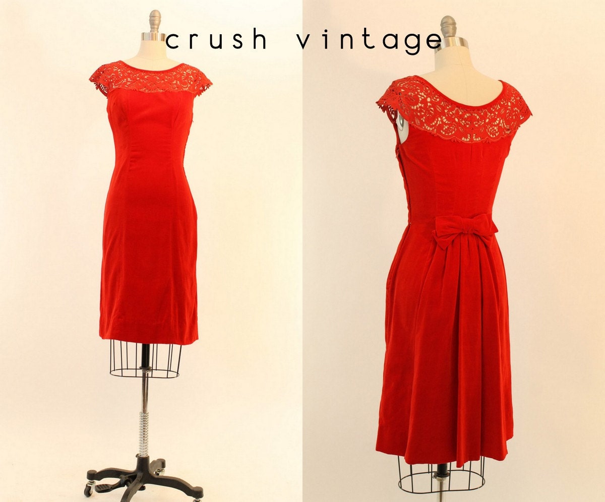 50s Dress Red Velvet Xs 1950s Vintage Lace By Crushvintage