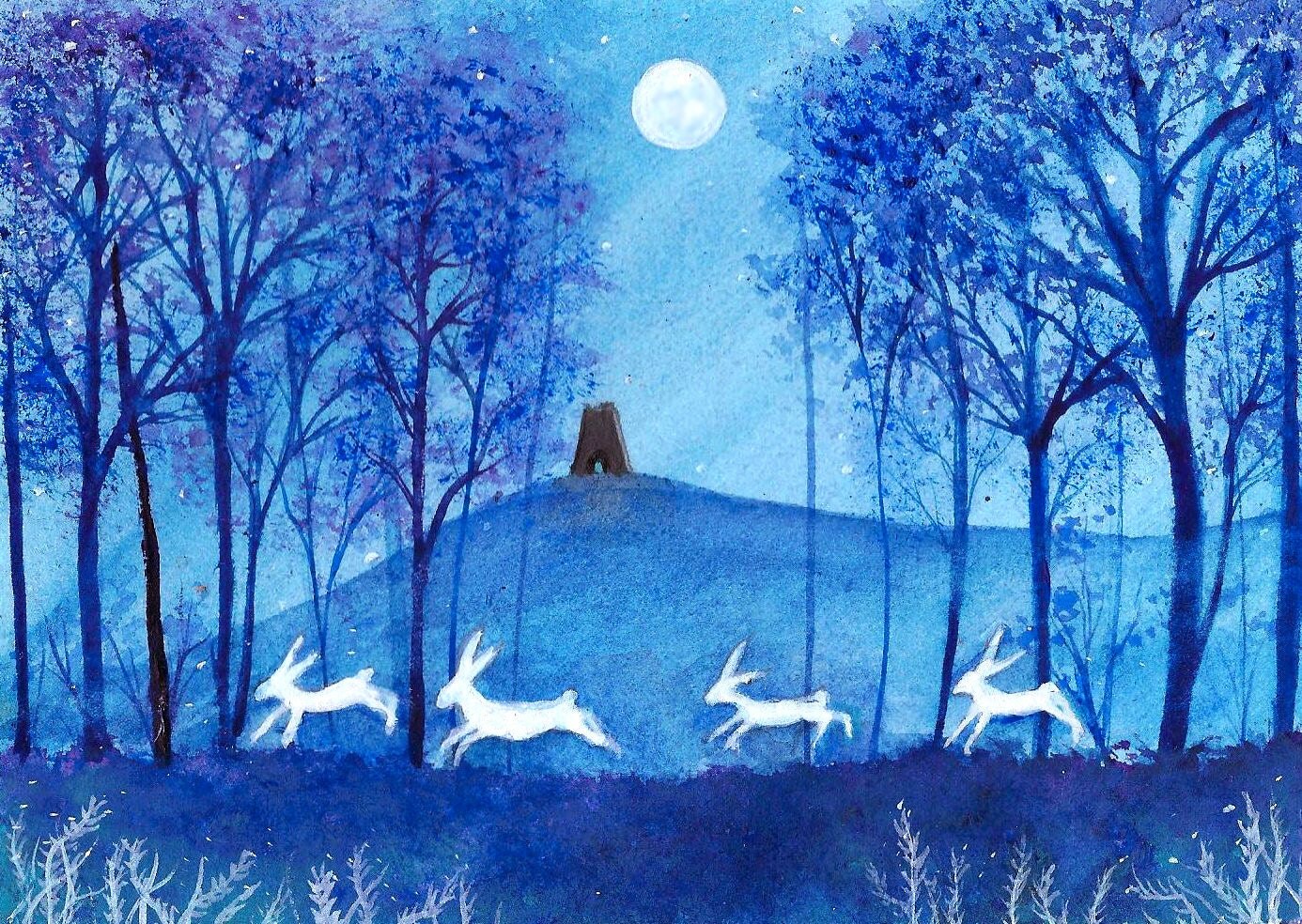 Original acrylic Painting Moonlit Hares Glastonbury Tor