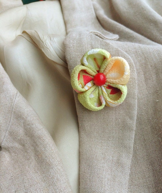 Lapel Pin Flower: Kanzashi Apple Green Includes Shipping to US