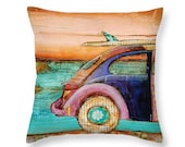 Vw Perfect Day at the beach throw ART PILLOW, home decor pillow, housewares, distressed, mixed media, collage